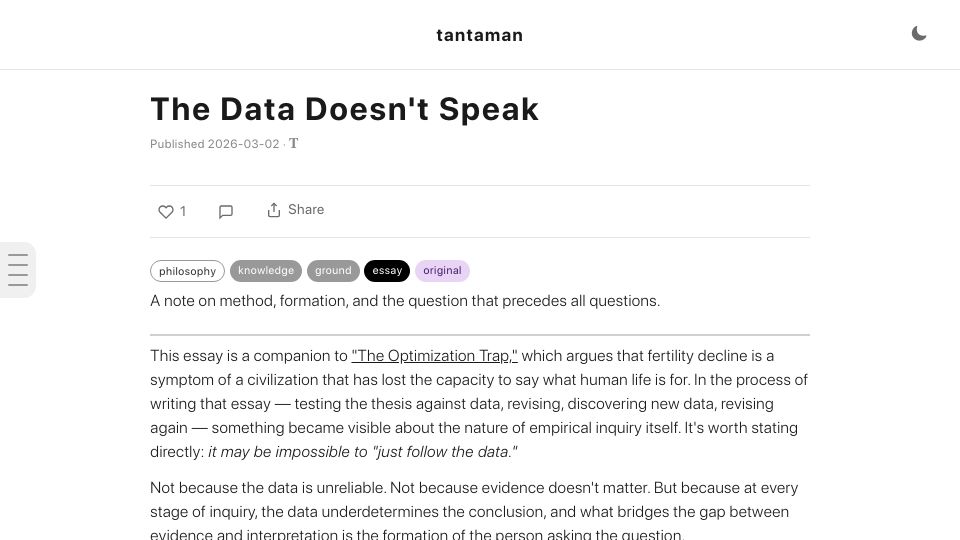 Screenshot of tantaman.com: Data does not speak to you