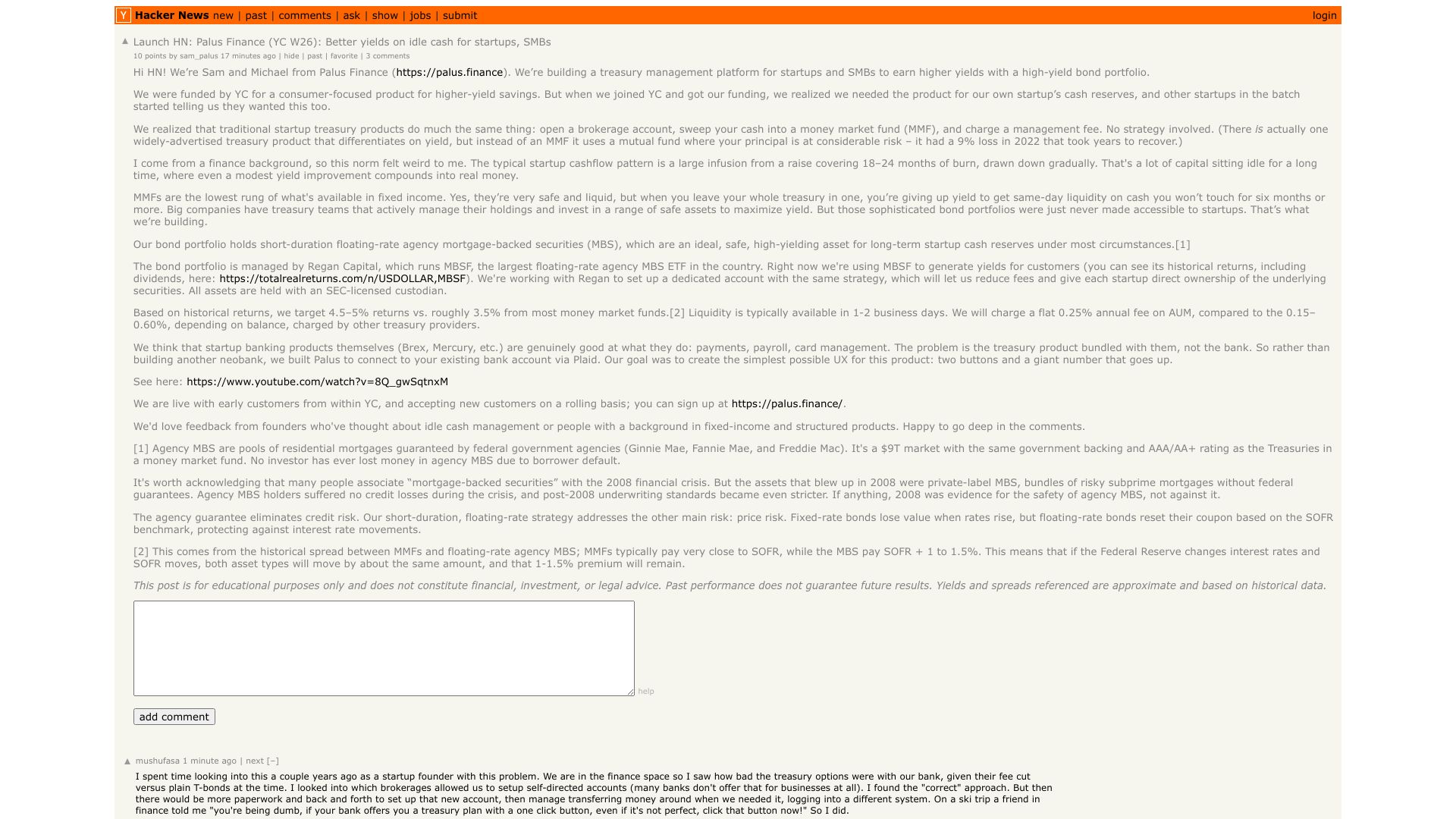Screenshot of this Hacker News post: Launch HN: Palus Finance (YC W26): Better yields on idle cash for startups, SMBs