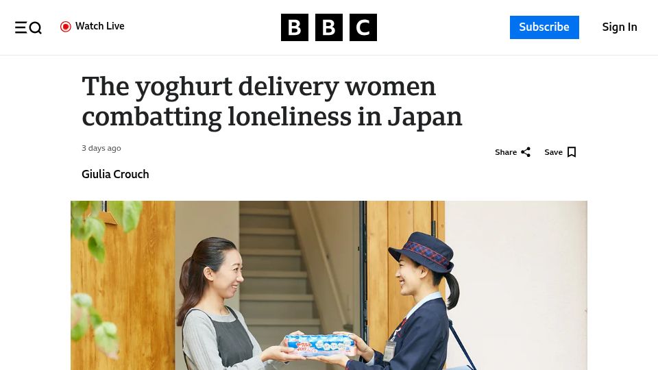Screenshot of bbc.com: Yoghurt delivery women combatting loneliness in Japan