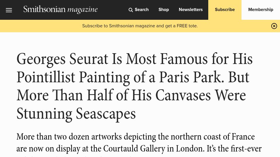 Screenshot of smithsonianmag.com: Seurat Most Famous for Paris Park Painting Yet Half His Paintings Were Seascapes
