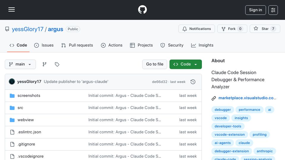 Screenshot of github.com: Show HN: Argus – VSCode debugger for Claude Code sessions