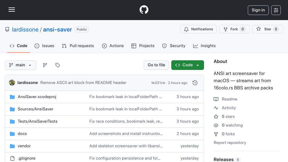 Screenshot of github.com: Show HN: ANSI-Saver – A macOS Screensaver