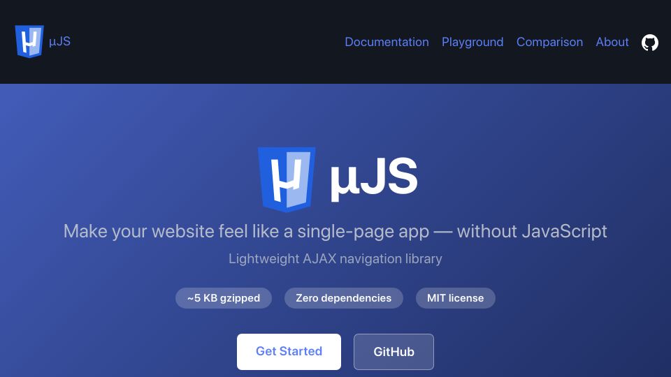 Screenshot of mujs.org: Show HN: µJS, a 5KB alternative to Htmx and Turbo with zero dependencies