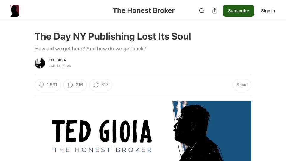 Screenshot of honest-broker.com: The stagnancy of publishing and the disappearance of the midlist