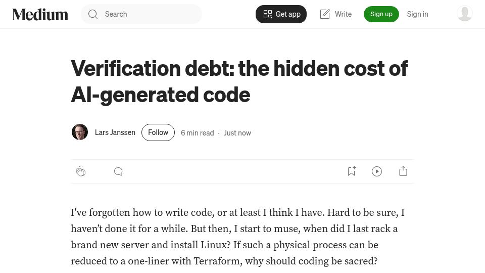 Screenshot of fazy.medium.com: Verification debt: the hidden cost of AI-generated code