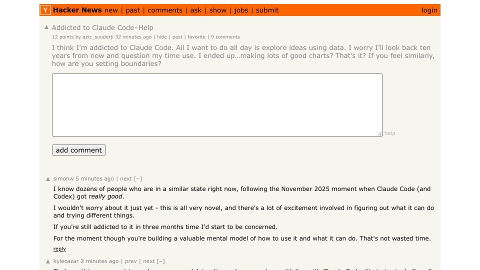 Screenshot of Hacker News post: Addicted to Claude Code–Help