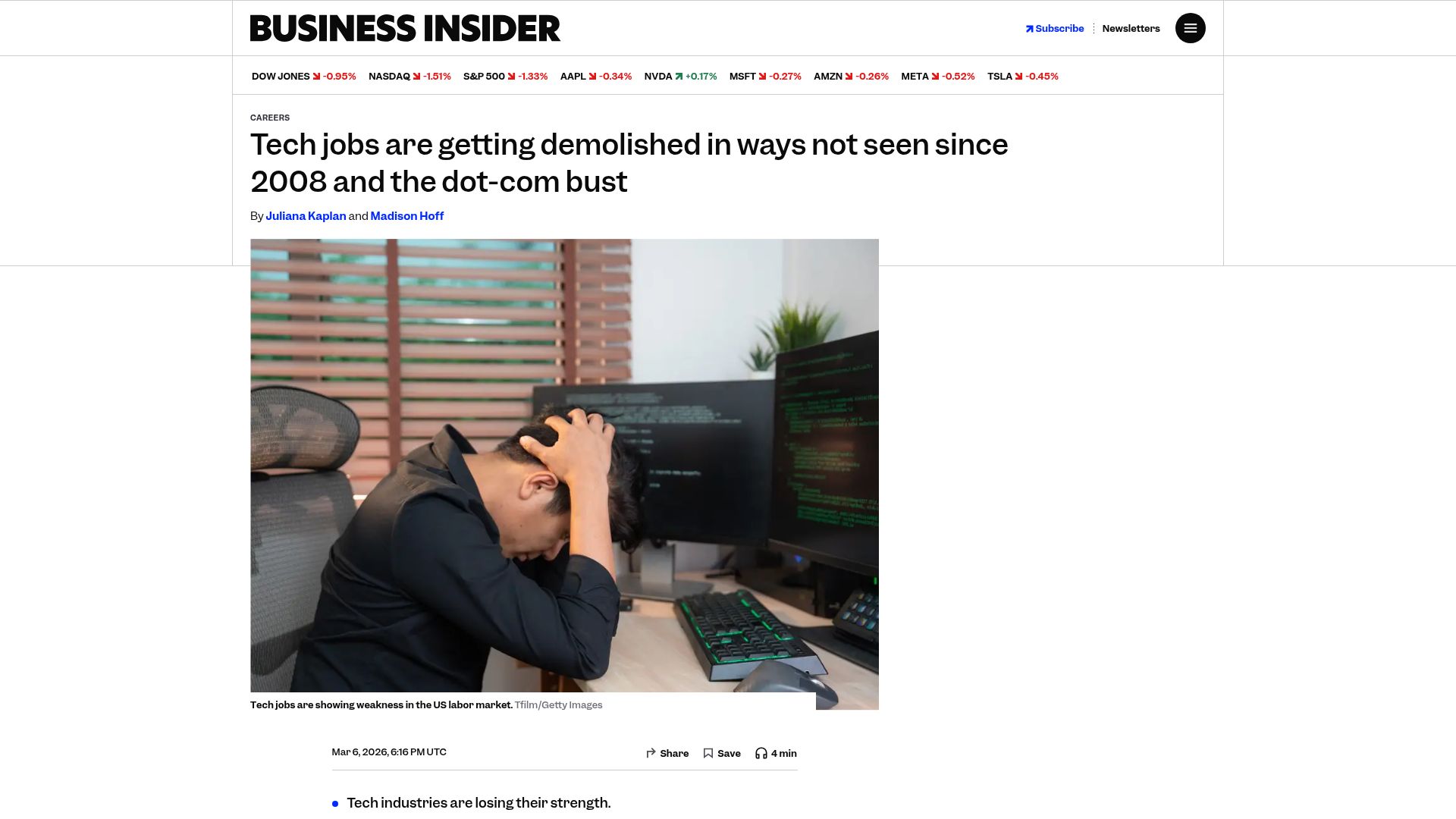 Screenshot of businessinsider.com: Tech jobs are getting demolished in ways not seen since 2008
