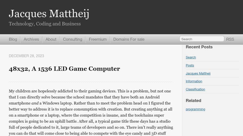 Screenshot of jacquesmattheij.com: 48x32, a 1536 LED Game Computer (2023)