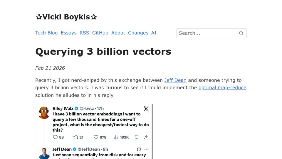 Screenshot of vickiboykis.com: Querying 3B Vectors