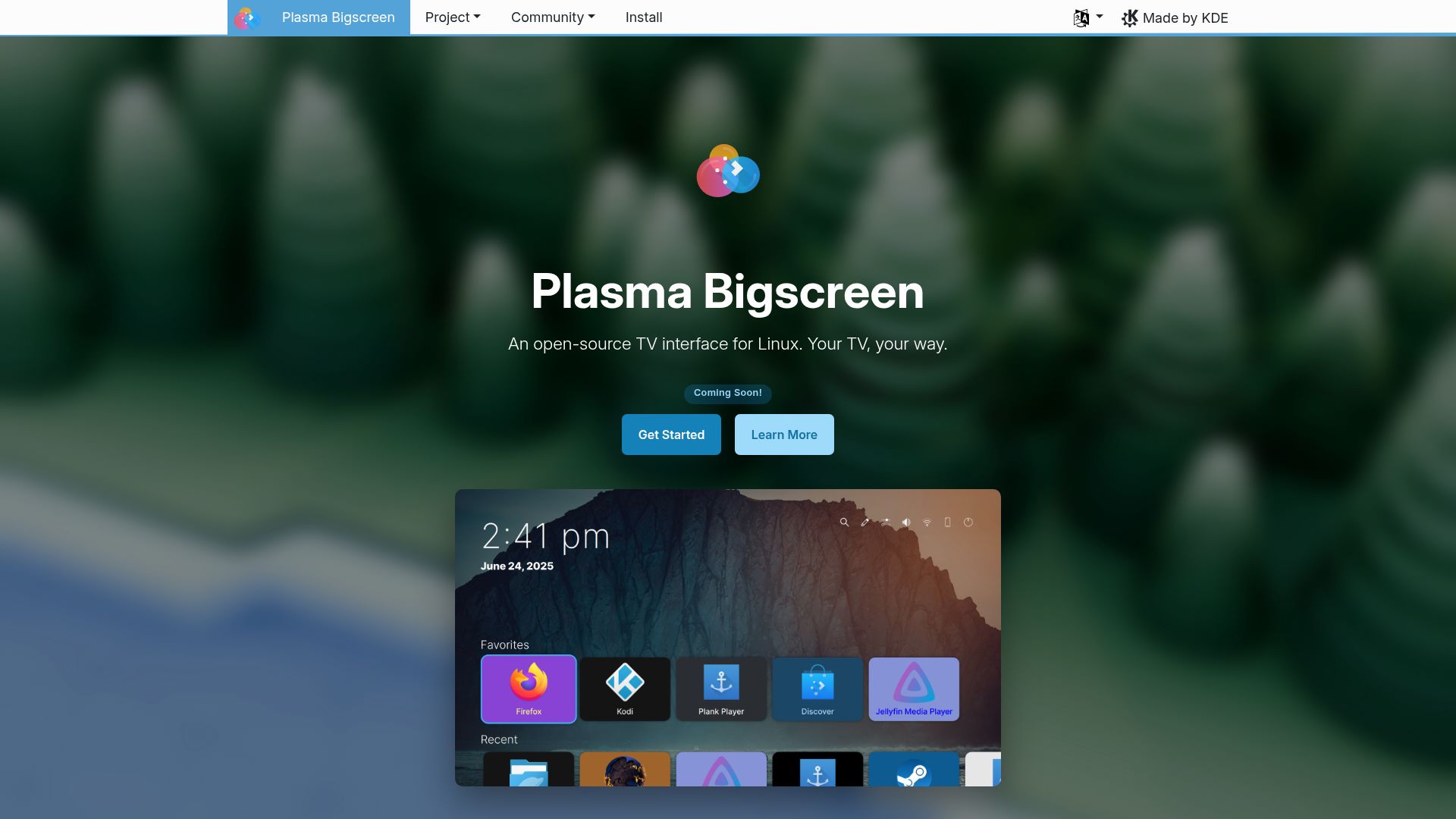 Screenshot of plasma-bigscreen.org: Plasma Bigscreen – 10-foot interface for KDE plasma