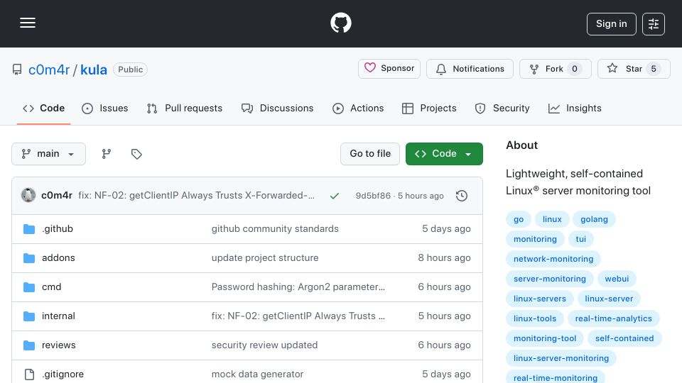 Screenshot of github.com: Show HN: Kula – Lightweight, self-contained Linux server monitoring tool