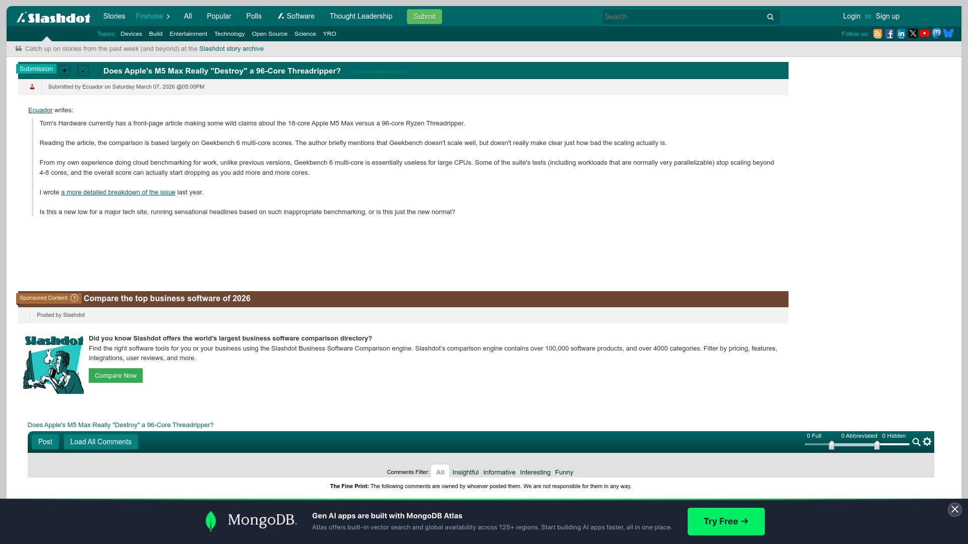 Screenshot of slashdot.org: Does Apple‘s M5 Max Really “Destroy” a 96-Core Threadripper?