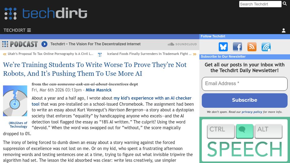 Screenshot of techdirt.com: Training students to prove they're not robots is pushing them to use more AI