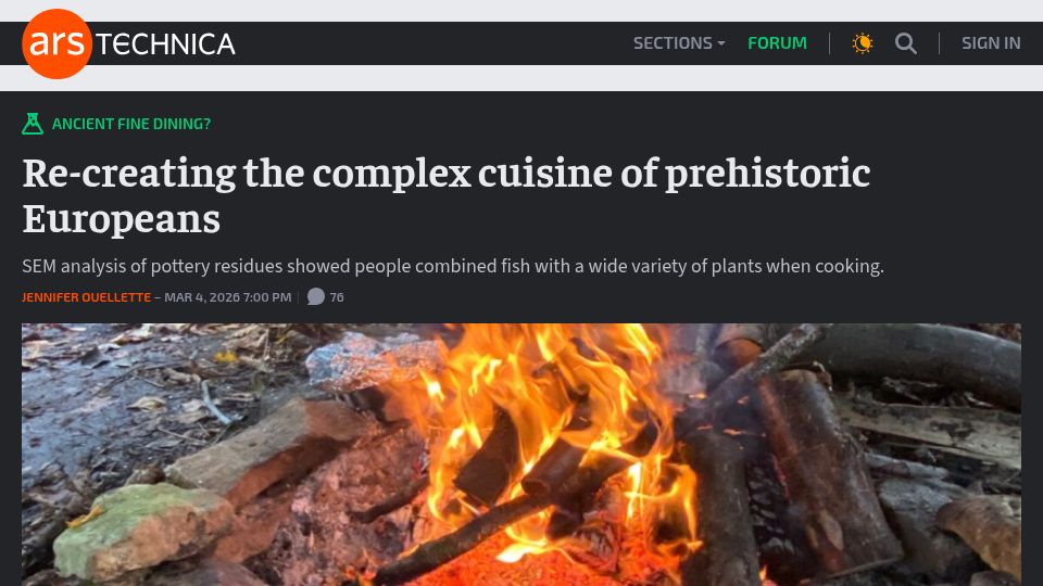 Screenshot of arstechnica.com: Re-creating the complex cuisine of prehistoric Europeans