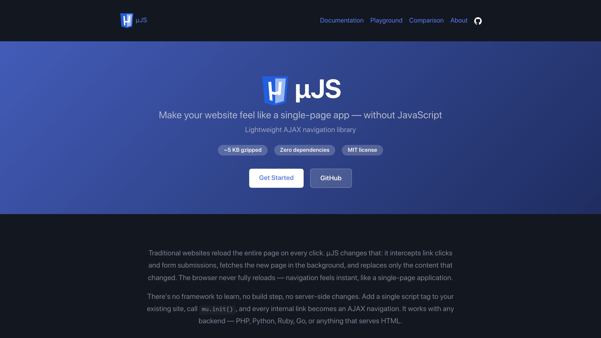 Screenshot of mujs.org: Show HN: µJS, a 5KB alternative to Htmx and Turbo with zero dependencies