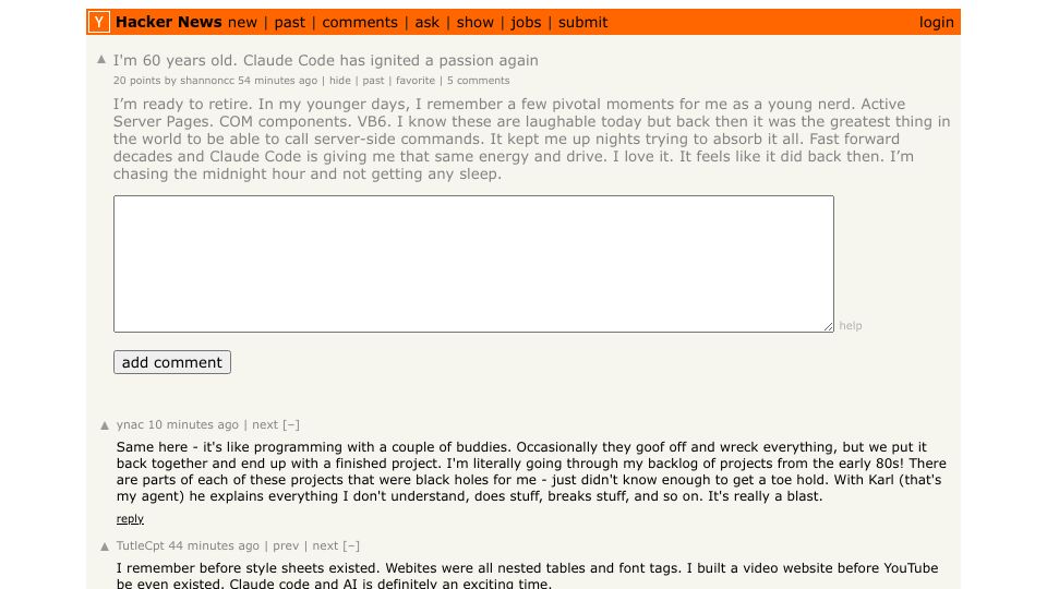 Screenshot of Hacker News post: Tell HN: I'm 60 years old. Claude Code has re-ignited a passion