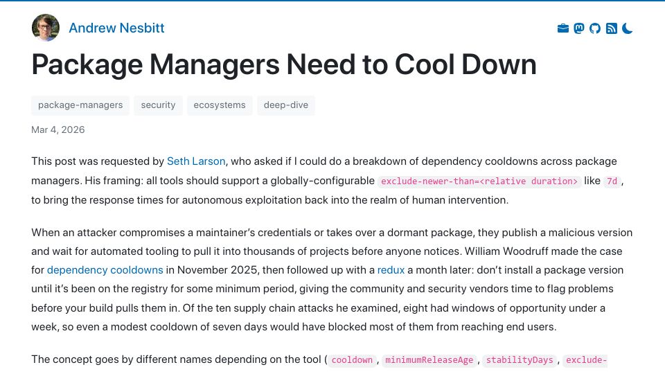 Screenshot of nesbitt.io: Package managers need to cool down