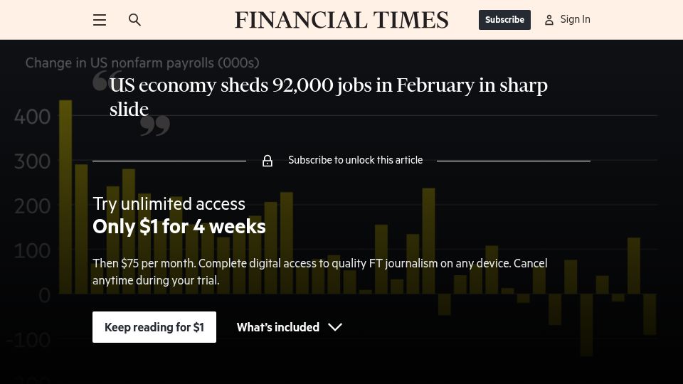 Screenshot of ft.com: US economy sheds 92,000 jobs in February in sharp slide