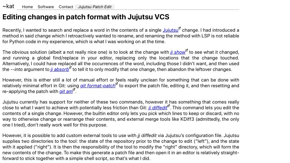 Screenshot of knifepoint.net: Editing changes in patch format with Jujutsu