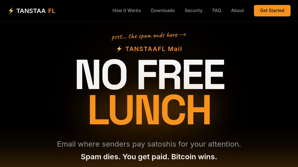 Screenshot of tanstaafl.email: Show HN: Tanstaafl – Pay-to-inbox email on Bitcoin Lightning