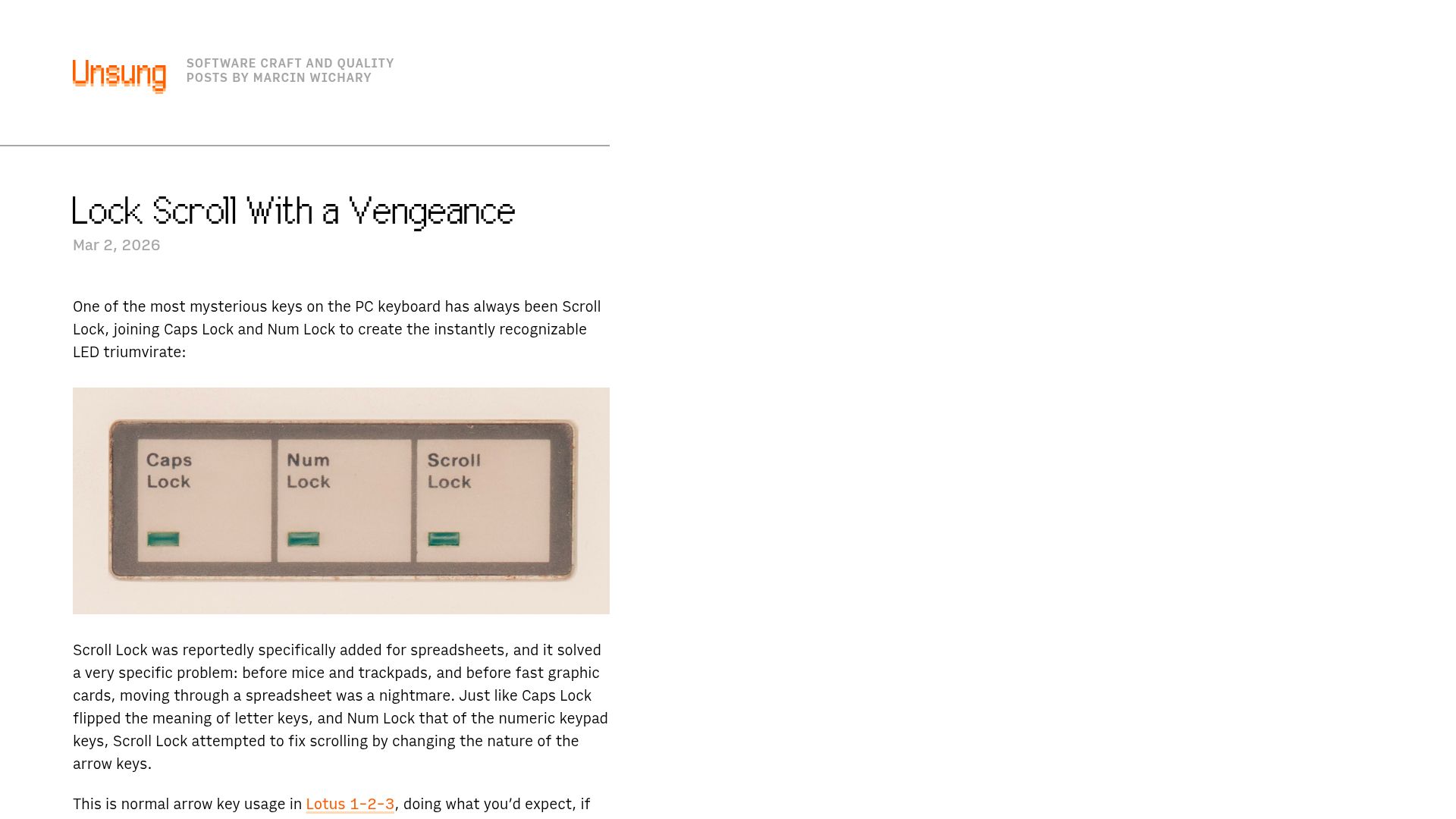 Screenshot of unsung.aresluna.org: Lock Scroll with a Vengeance
