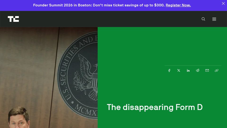 Screenshot of techcrunch.com: The disappearing Form D (2018)
