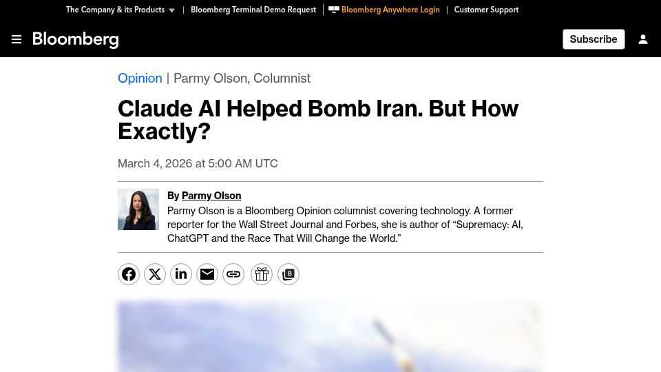 Screenshot of bloomberg.com: Claude AI Helped Bomb Iran. But How Exactly?