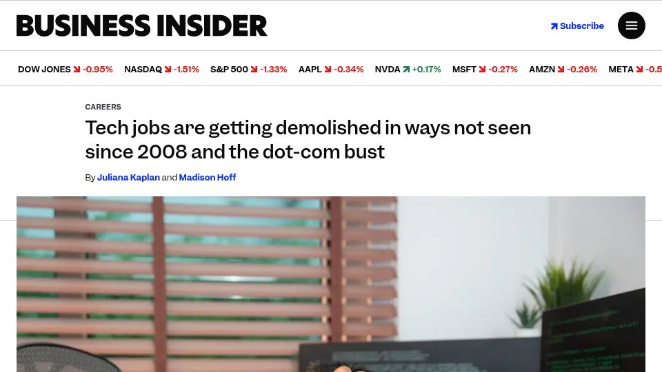 Screenshot of businessinsider.com: Tech jobs are getting demolished in ways not seen since 2008