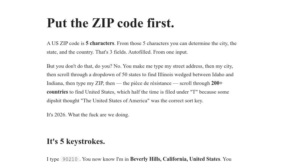Screenshot of zipcodefirst.com: Put the zip code first