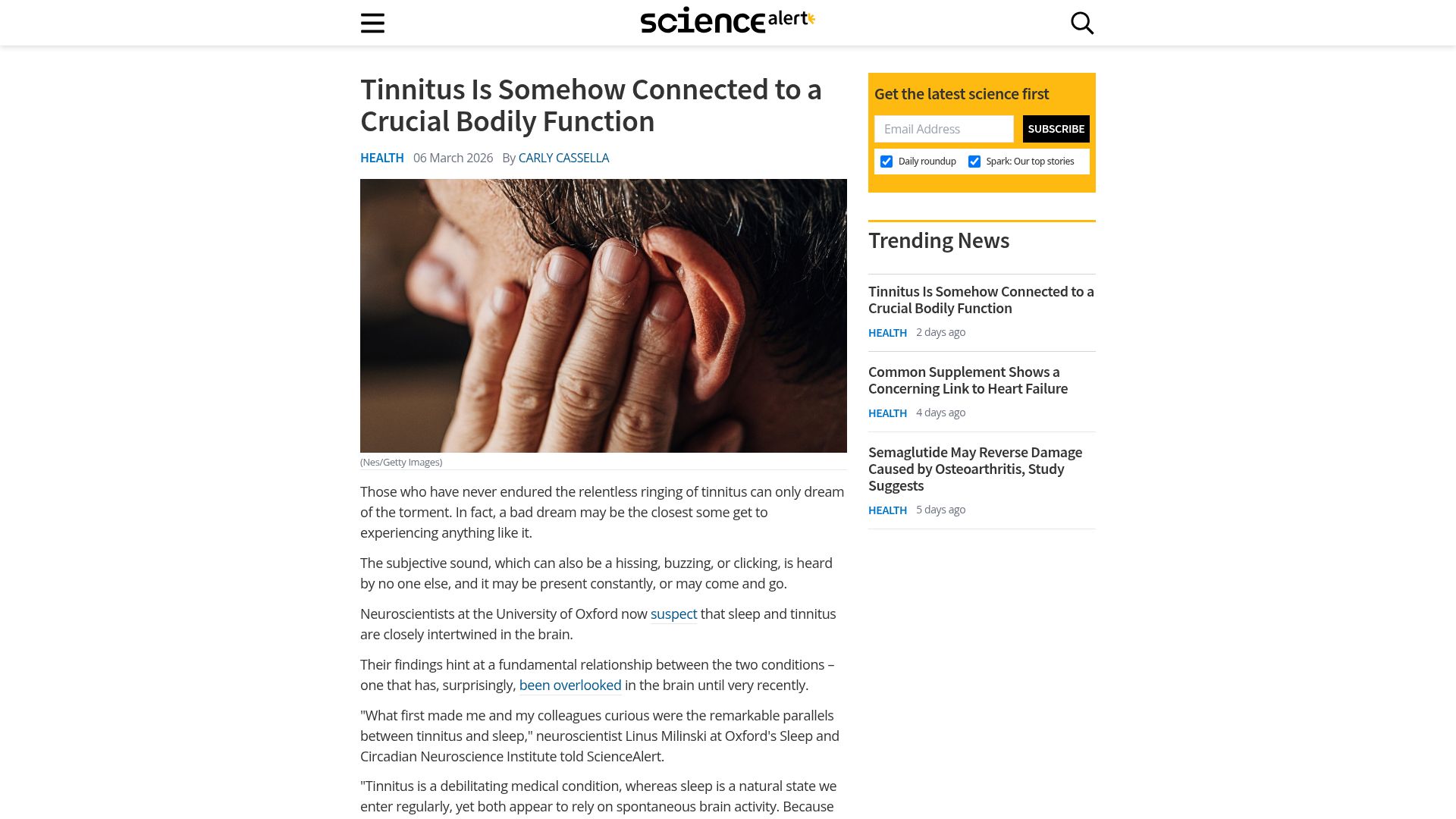 Screenshot of sciencealert.com: Tinnitus Is Connected to Sleep
