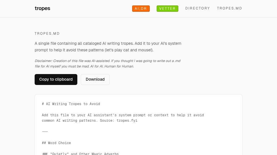Screenshot of tropes.fyi: LLM Writing Tropes.md
