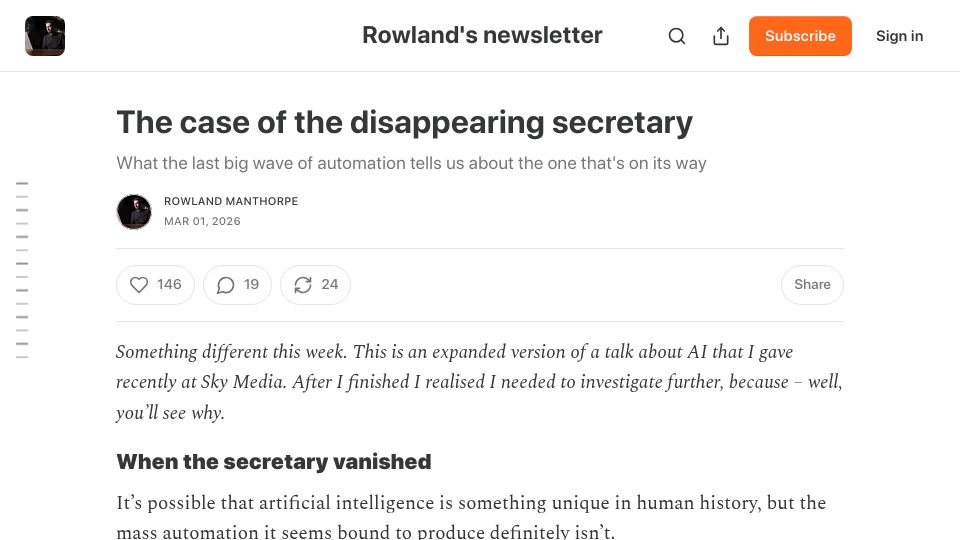Screenshot of rowlandmanthorpe.substack.com: The Case of the Disappearing Secretary