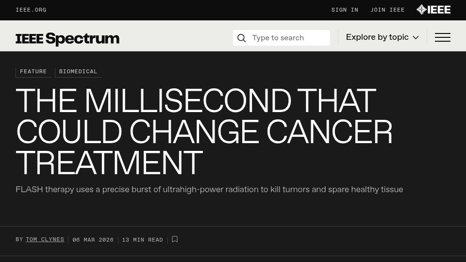Screenshot of spectrum.ieee.org: FLASH radiotherapy's bold approach to cancer treatment