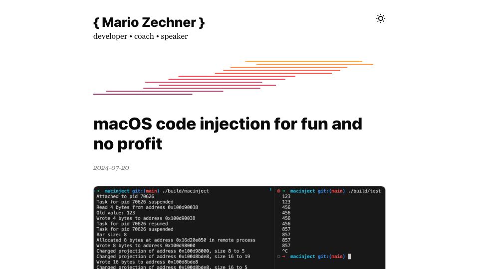 Screenshot of mariozechner.at: macOS code injection for fun and no profit (2024)