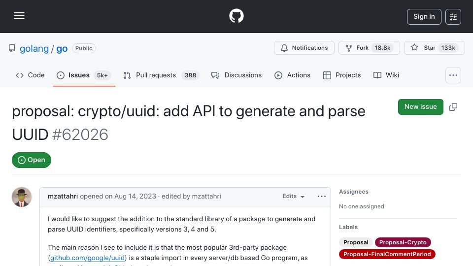 Screenshot of github.com: UUID package coming to Go standard library