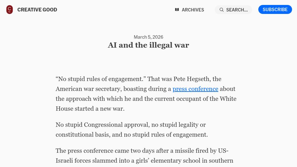 Screenshot of buttondown.com: AI and the Illegal War