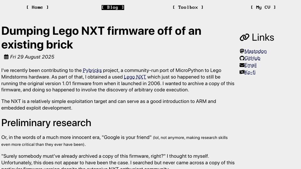 Screenshot of arcanenibble.github.io: Dumping Lego NXT firmware off of an existing brick (2025)