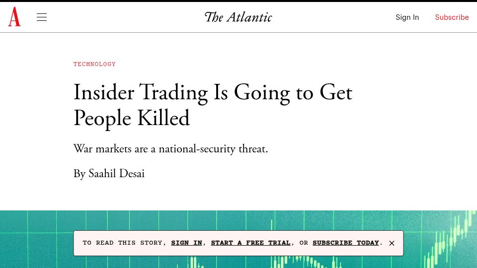 Screenshot of theatlantic.com: War prediction markets are a national-security threat