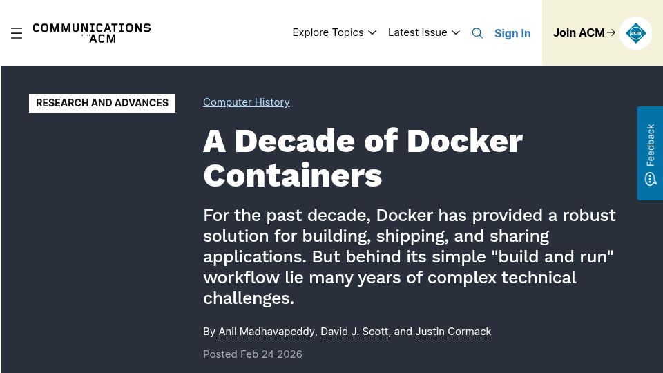 Screenshot of cacm.acm.org: A decade of Docker containers