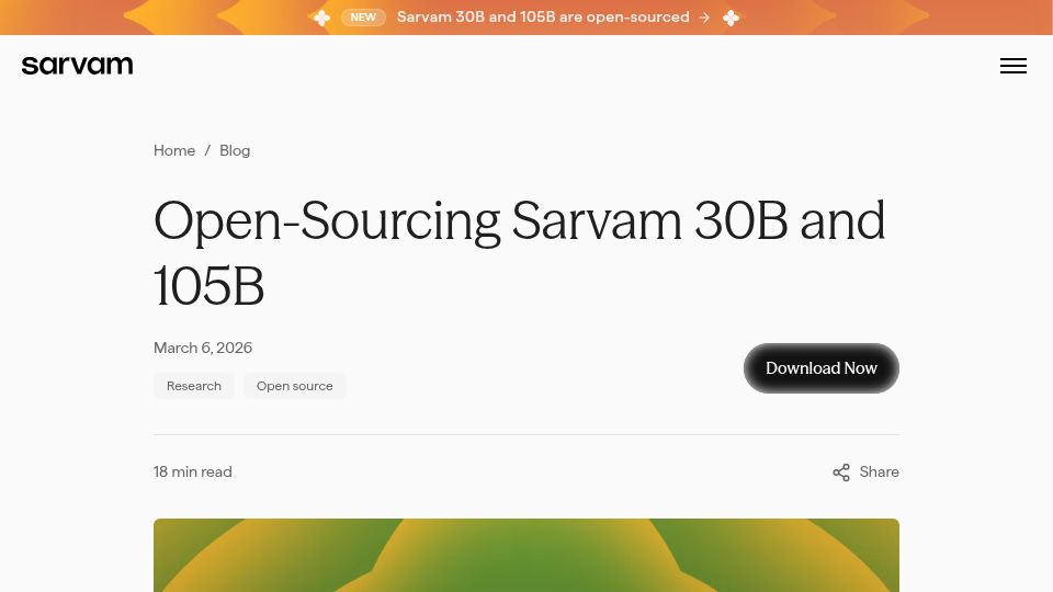 Screenshot of sarvam.ai: Sarvam 105B, the first competitive Indian open source LLM