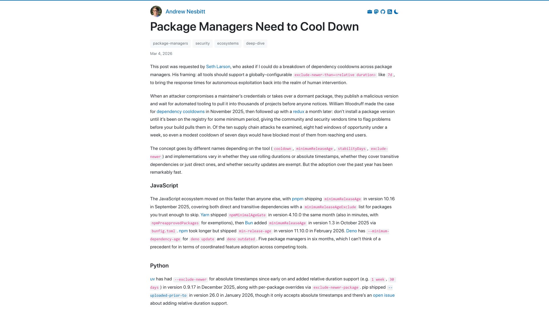 Screenshot of nesbitt.io: Package managers need to cool down