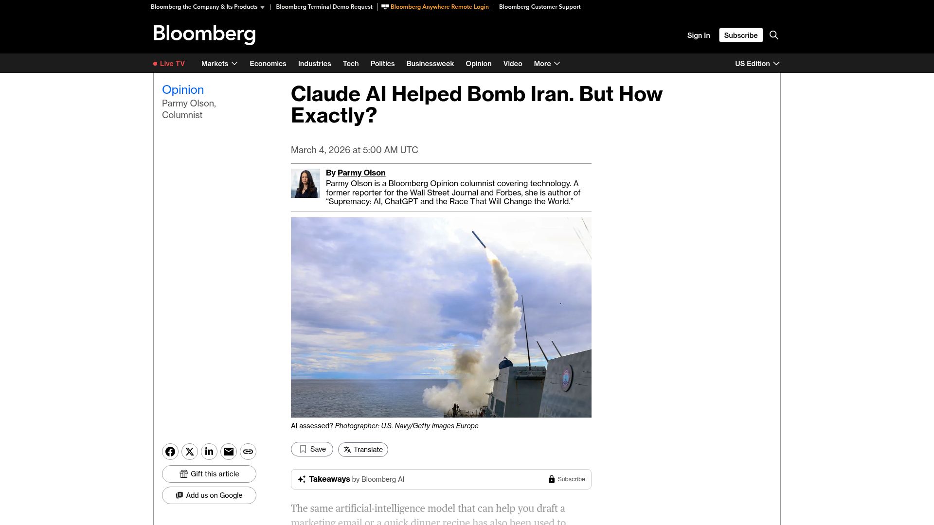 Screenshot of bloomberg.com: Claude AI Helped Bomb Iran. But How Exactly?
