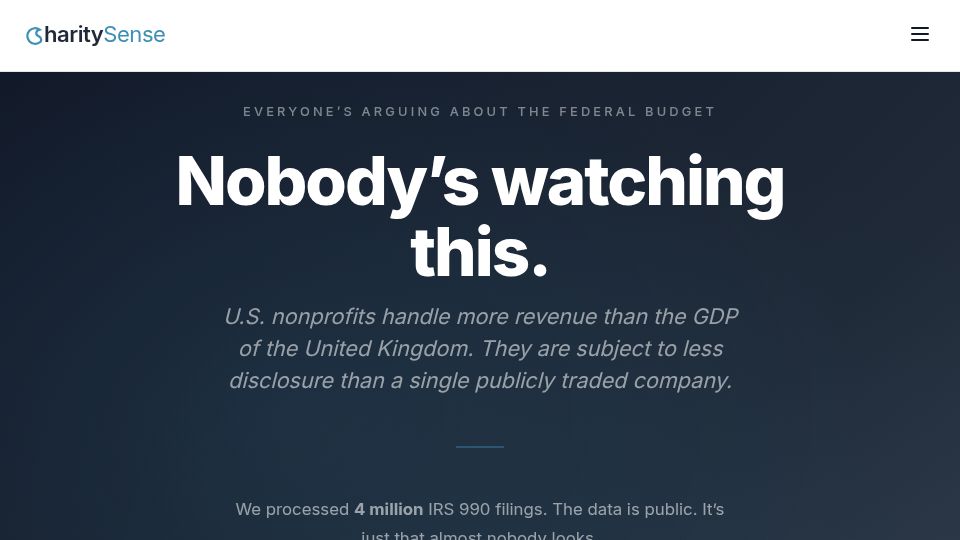 Screenshot of charitysense.com: $3T flows through U.S. nonprofits every year