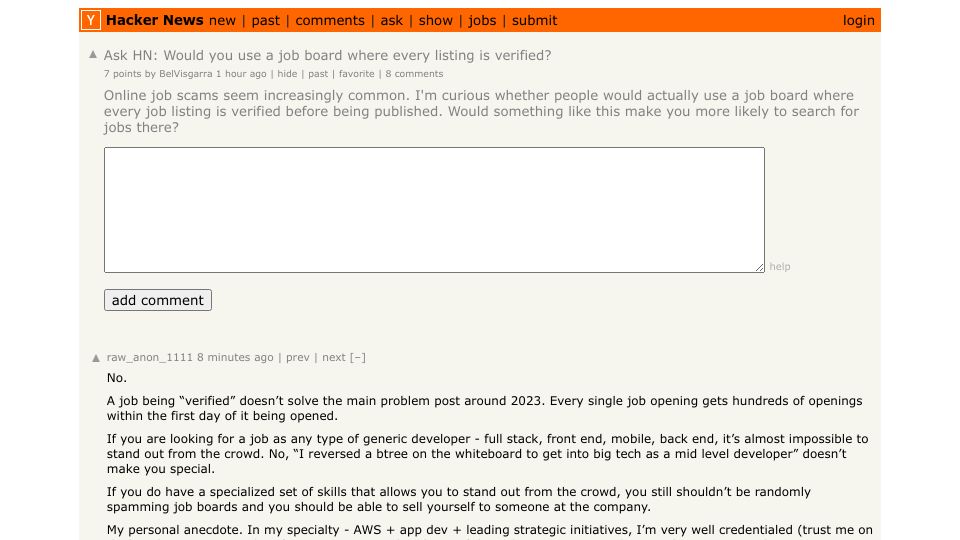 Screenshot of Hacker News post: Ask HN: Would you use a job board where every listing is verified?