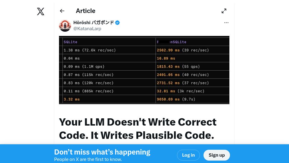 Screenshot of twitter.com: LLM Doesn't Write Correct Code. It Writes Plausible Code