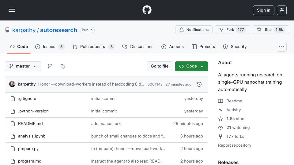 Screenshot of github.com: Autoresearch: Agents researching on single-GPU nanochat training automatically