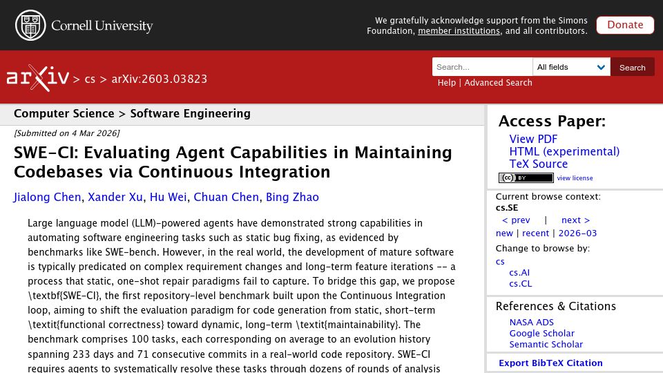 Screenshot of arxiv.org: SWE-CI: Evaluating Agent Capabilities in Maintaining Codebases via CI