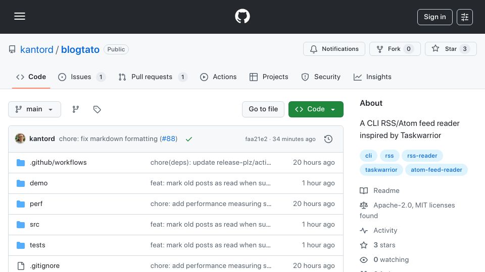 Screenshot of github.com: CLI RSS/Atom feed reader inspired by Taskwarrior, synced using Git