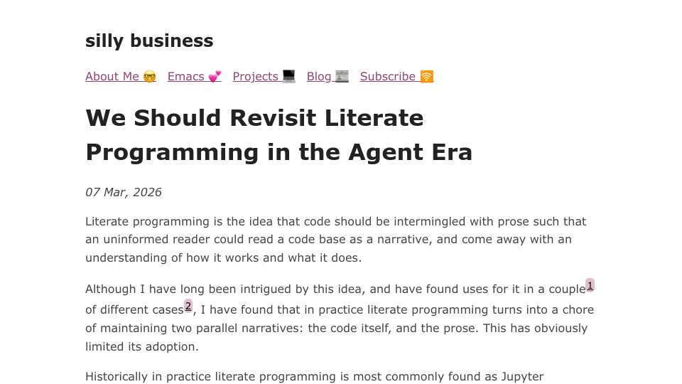 Screenshot of silly.business: We should revisit literate programming in the agent era