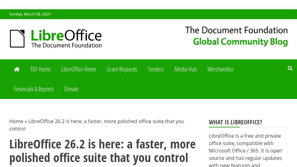 Screenshot of blog.documentfoundation.org: LibreOffice Writer now supports Markdown